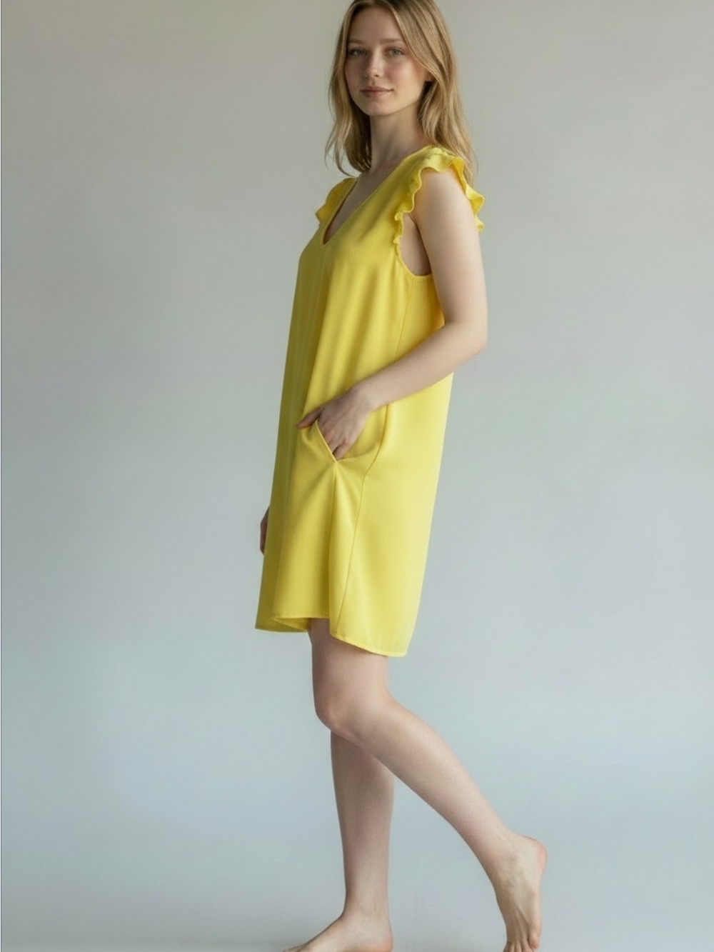 SHEIN Yellow Ruffle Sleeve Mini Shift Dress
